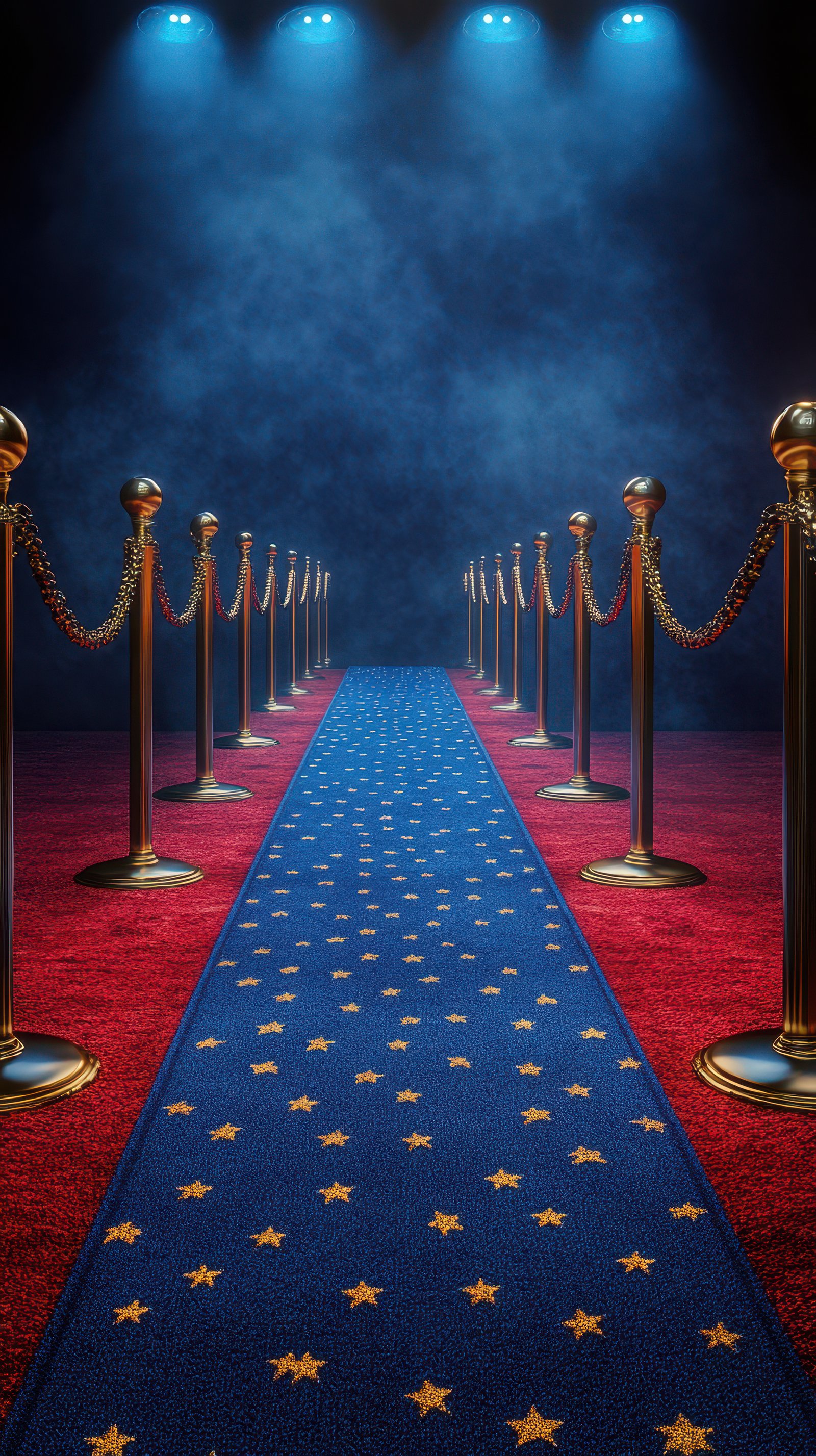 Red carpet event with blue carpet and stanchions under dramatic lighting in a dim atmosphere